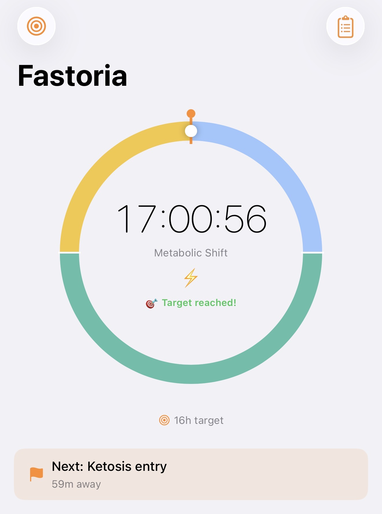 Fastoria fasting timer showing elapsed time and fasting zone